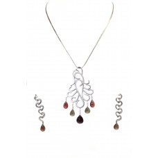 Silver Necklace Earrings 925 Sterling Pendant Women's Tourmaline Gem Stone A442